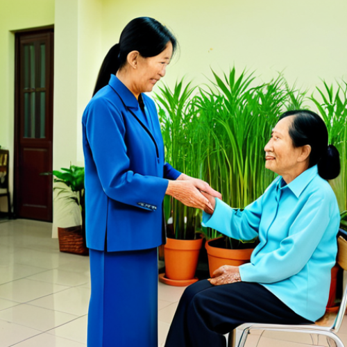 Home 10 **
"A compassionate social worker, fully clothed in professional attire, gently listening to an elderly Vietnamese woman in a modest, clean community center. The setting is warm and inviting with potted plants and soft lighting. Safe for work, appropriate content, perfect anatomy, natural proportions, professional, modest, family-friendly, well-formed hands, proper finger count, natural body proportions."
**